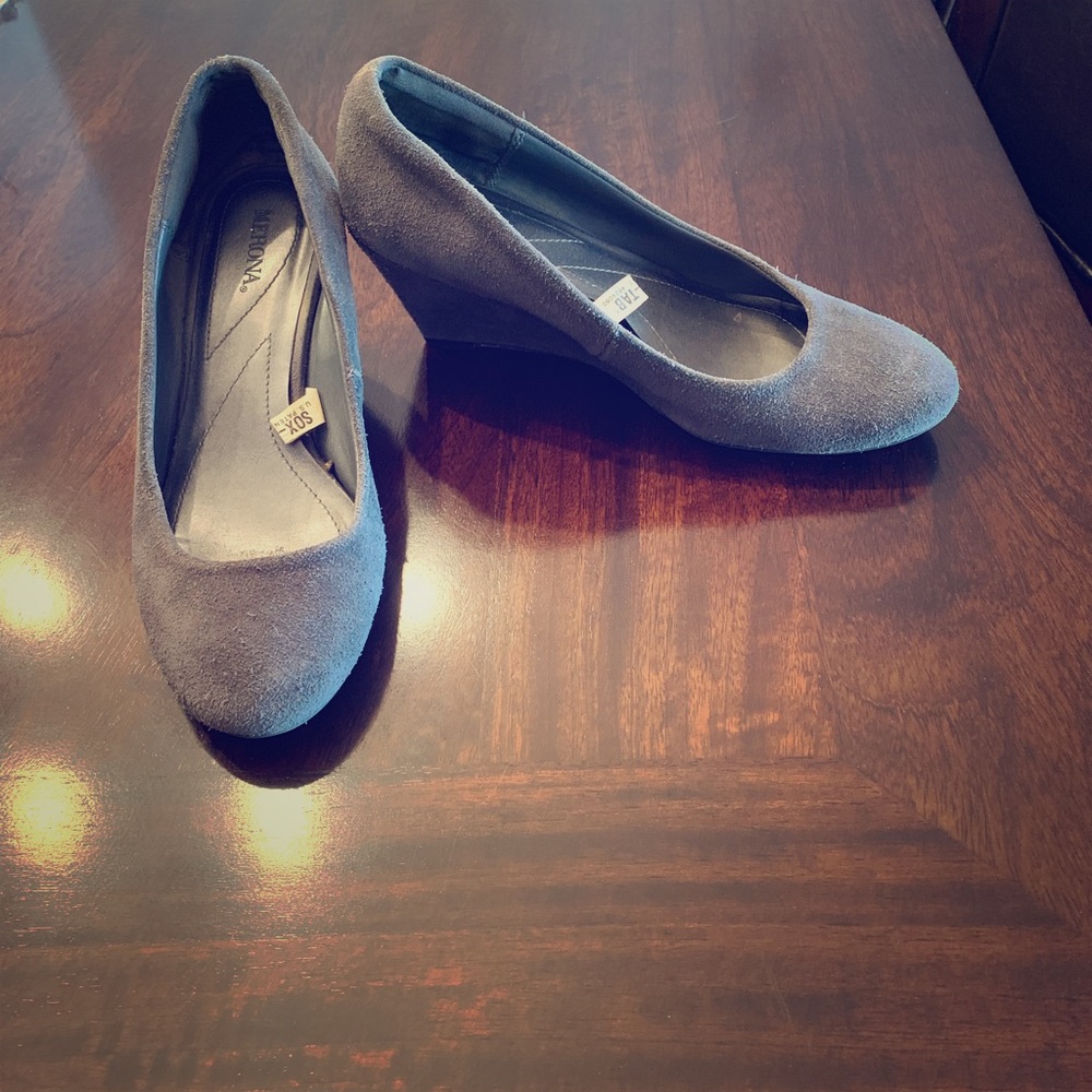 Gray suede wedges